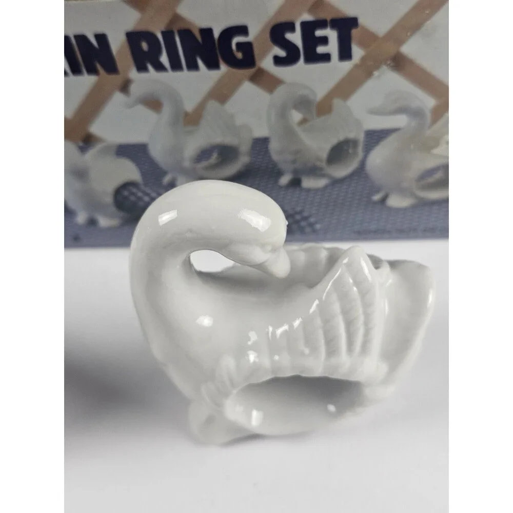 White Duck Goose Swan Porcelain Napkin Rings Holders Vintage set of 4